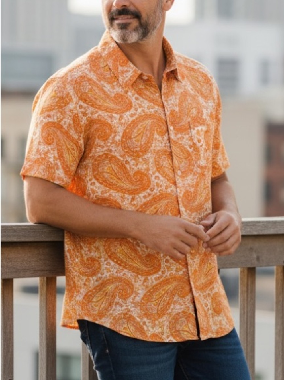Alan Flusser Orange Paisley Linen Cotton Short-Sleeve Button-Down Shirt XXL